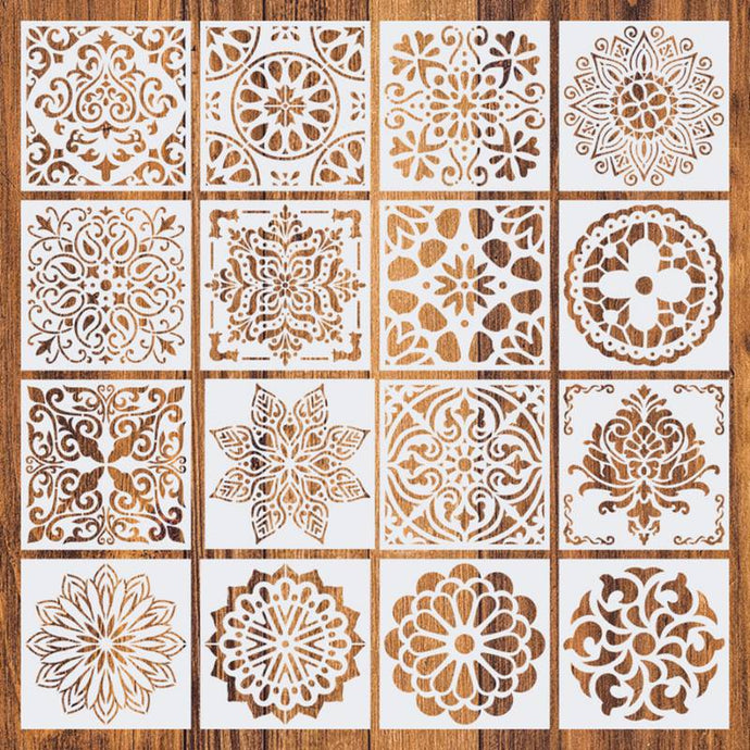 16pcs15*15 Painting Stencil DIY Drawing Mandala style Laser Cut Wall Stencil Painting for Wood Floor Tiles Fabric Template