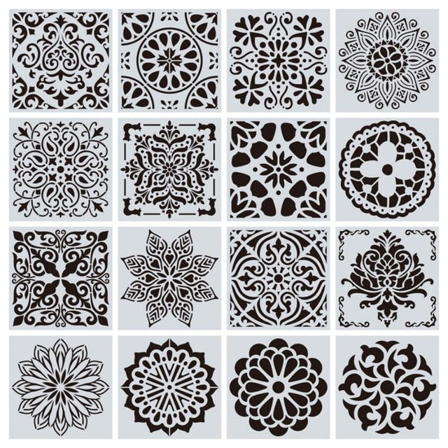 16pcs15*15 Painting Stencil DIY Drawing Mandala style Laser Cut Wall Stencil Painting for Wood Floor Tiles Fabric Template